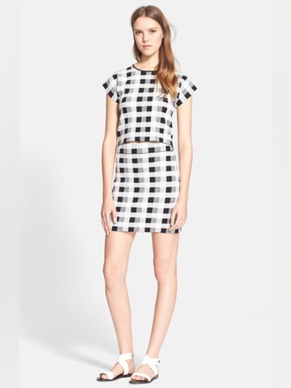 Theory L Check Plaid Stretch Knit Two Piece Skirt Set Seblyn Top Holeen Skirt